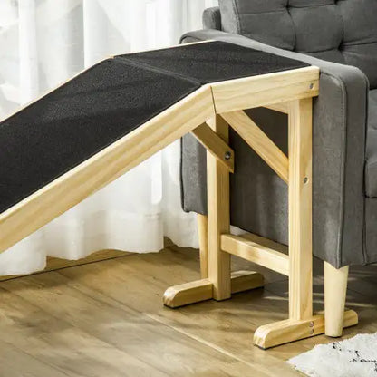 Natural Pine Wood Pet Ramp with Non-Slip Carpet and Top Platform