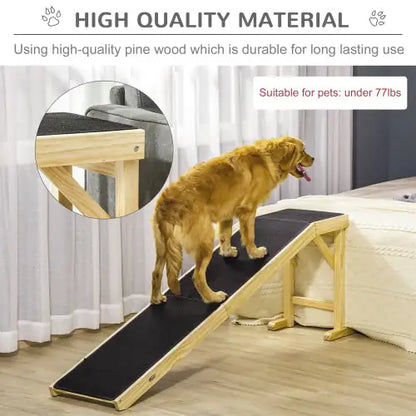 Natural Pine Wood Pet Ramp with Non-Slip Carpet and Top Platform